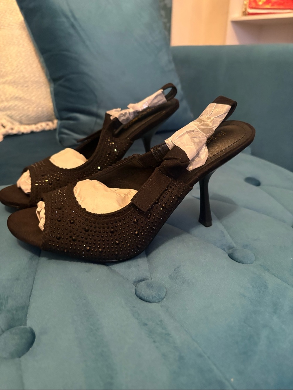 NWOT Black Embellished Slingback Heels with Open Toe